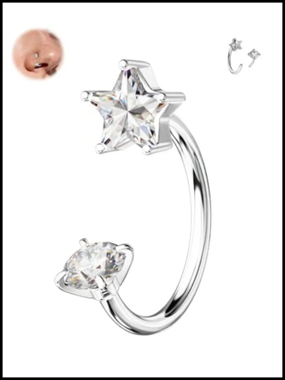20G 7mm Star Horseshoe Nose Ring Threadless Surgical Steel Piercing Jewelry